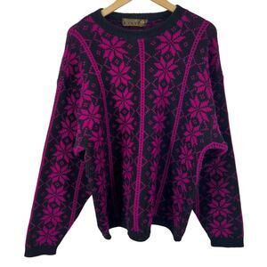 Nordstrikk Norway Sweater Women Large Virgin Wool Black Fuchsia Floral Pullover
